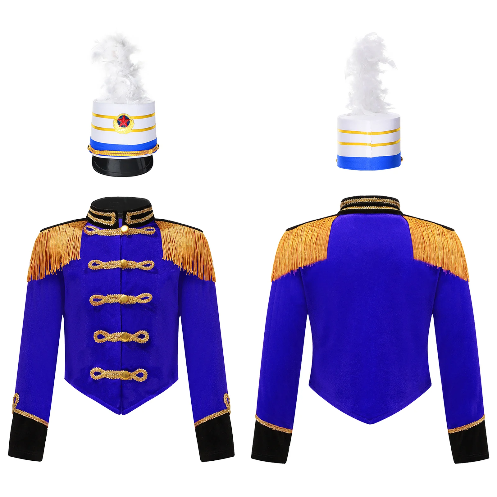 Kids Boys Girls Soldier Hat Drum Trumpet Team Costume Long Sleeve Showman Tassel Jacket Halloween Cosplay Costume