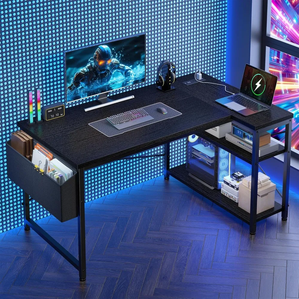 

48 Inch L Shaped Desk with Storage Shelves & Side Bag, Computer Desk with Power Outlets, Reversible Corner desks with X-Shaped