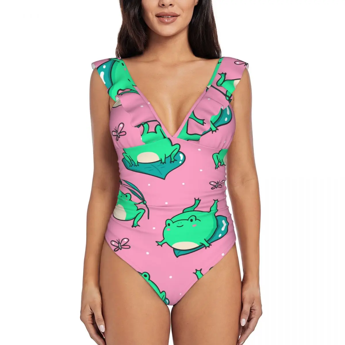 Swimwear Women One Piece Swimsuit Cute Funny Green Frog Swimming Bikinis Push Up Monokini Sexy Ruffle Bathing Suit