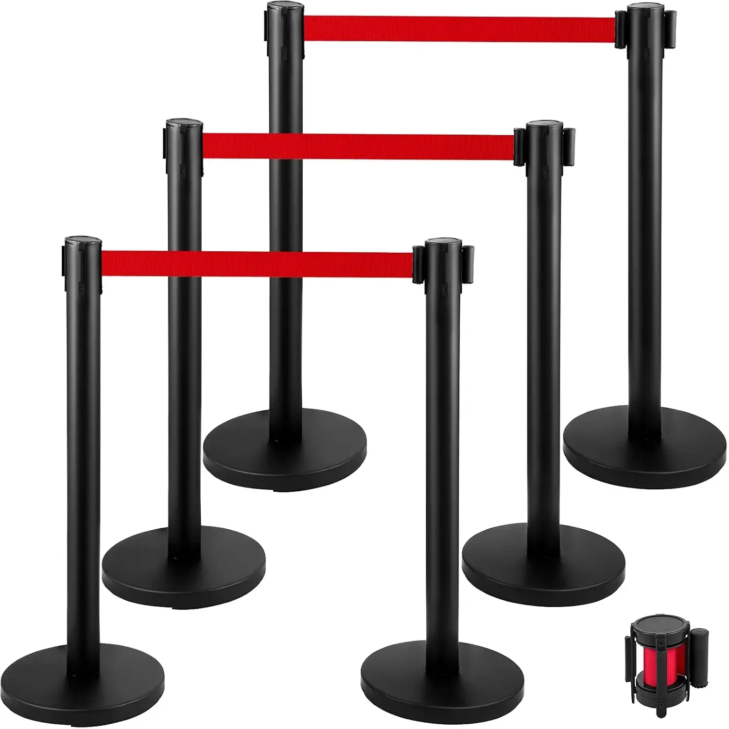 Crowd Control Stanchion, Set of 6 Pieces Stanchion Set, Stanchion Set w/ 6.6 ft/2 m Red Retractable Belt