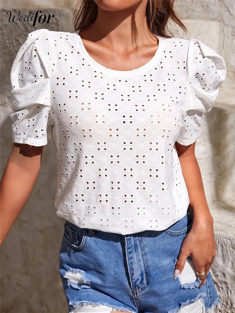 

Wedifor Fashion Puff Sleeve Women's Blouse And Tops O Neck Hollow Out Casual Summer Shirts Black White Solid Elegant Blouses