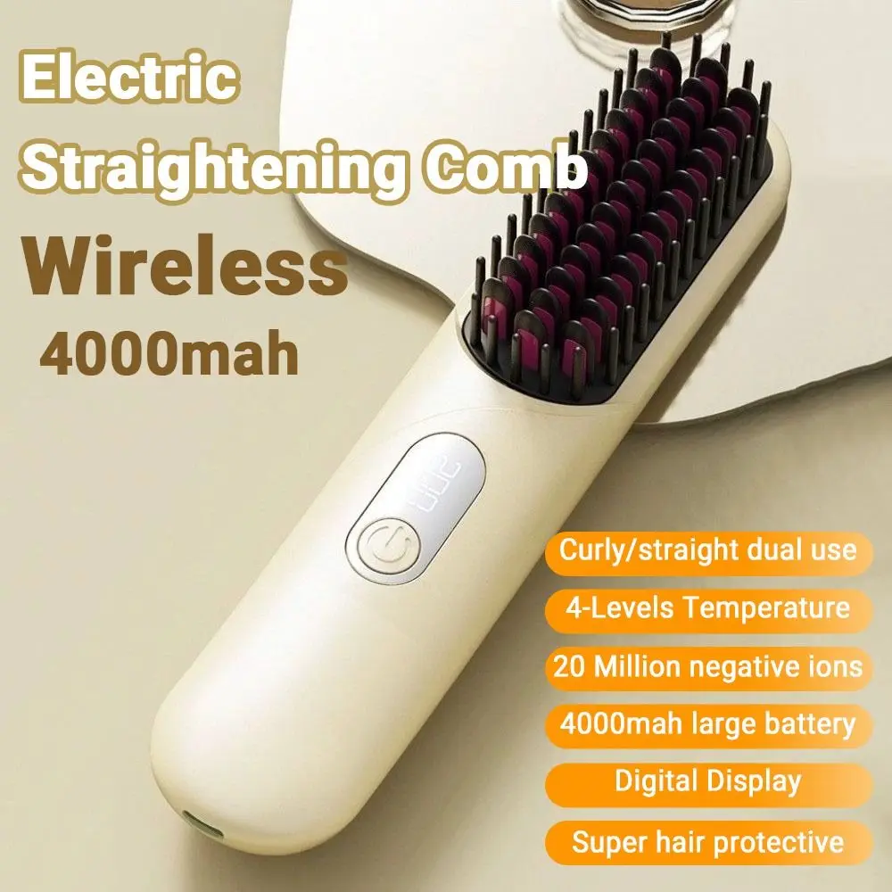 

Wireless Hair Straightener Brush Curly/straight Hair Dual Use 4000mah Ion Thermal Comb 4-Levels Temperature USB Rechargeable