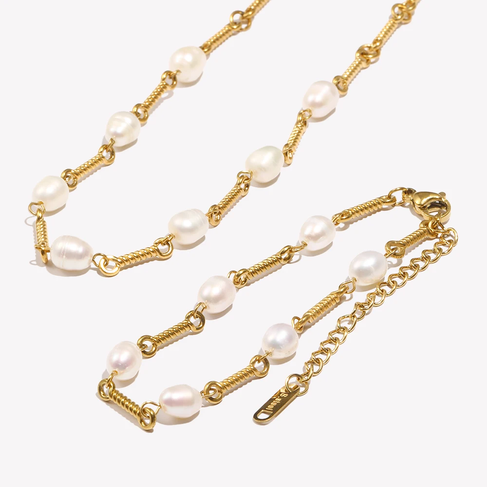 E.B.belle Wire Spring Chain Gold Plated Stainless Steel Chain Mixed with Freshwater Pearl Choker Necklaces Bracelets For Women