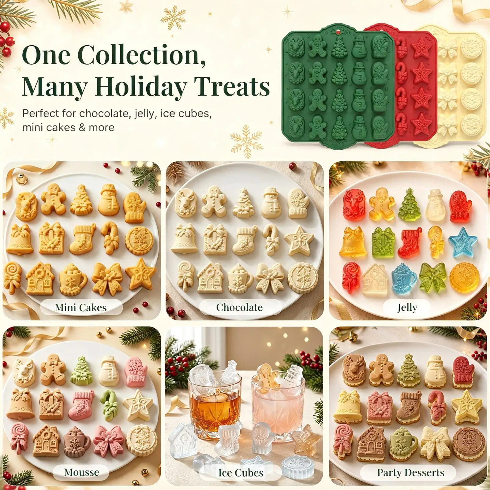 Christmas Candy Molds 20-Grid Food Grade DIY Gingerbread Bell Tree Making Nonstick Christmas Cookie Molds for Jelly Cupcake