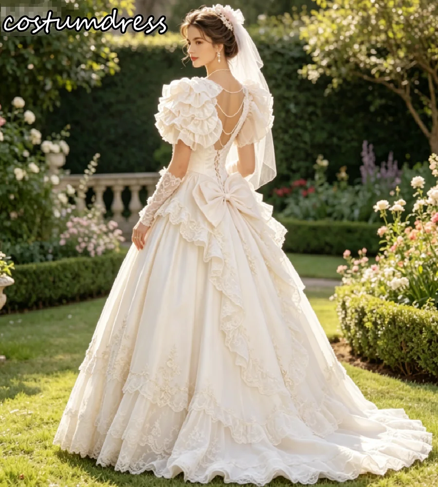 Princess 1980s Victorian Wedding Dress Ruffles Sleeves Sweetheart Corset Lace Appliques Tiered Bridal Gowns Medieval Celtic