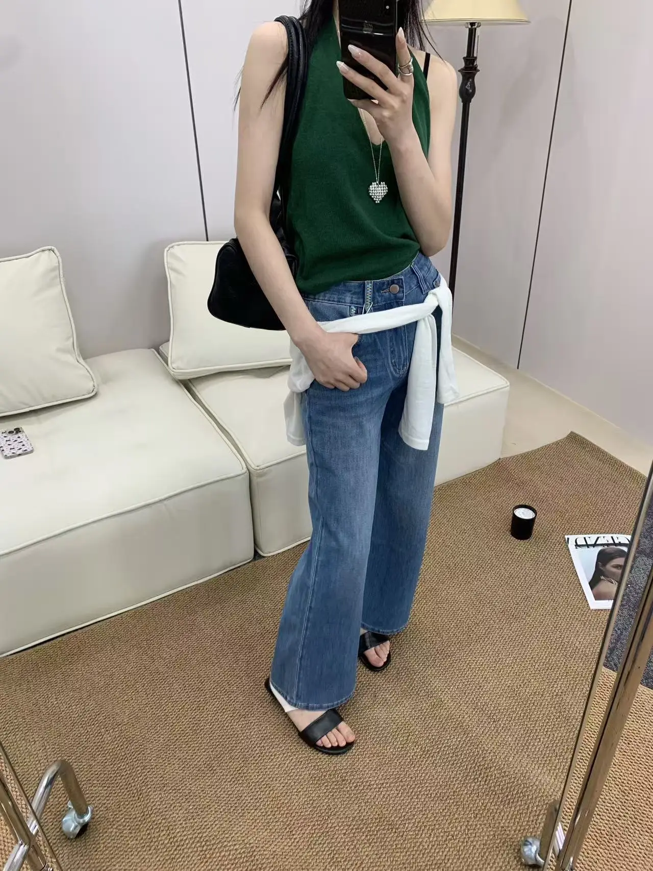 

High Waist Straight Leg Jeans Women's Korean Sle Simple Match Slimming LilianGM Denim Pants with Scarf 6020