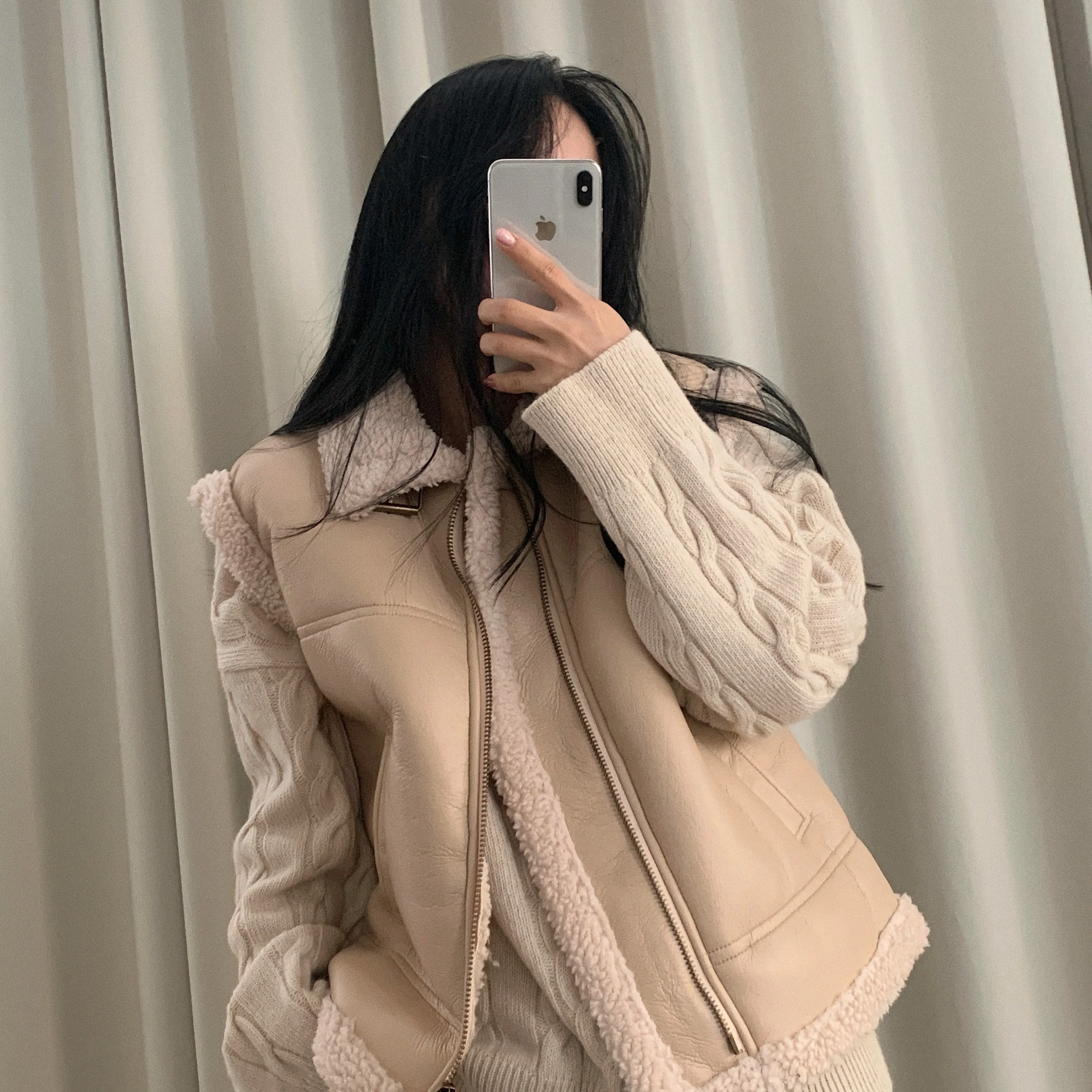 Korean Chic Biker Style Fleece Lined Vest Loose Versatile Lamb Fur Collar Sleeveless Leather Fur Integrated Vest Coat