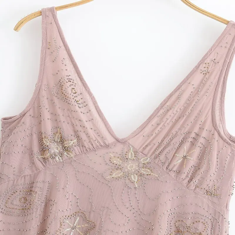 2025年夏 レディース デザインセンス 多用途ストラップ ビーズ付きミディドレス エレガントスタイル ノースリーブネックライン シングルピース その他素材