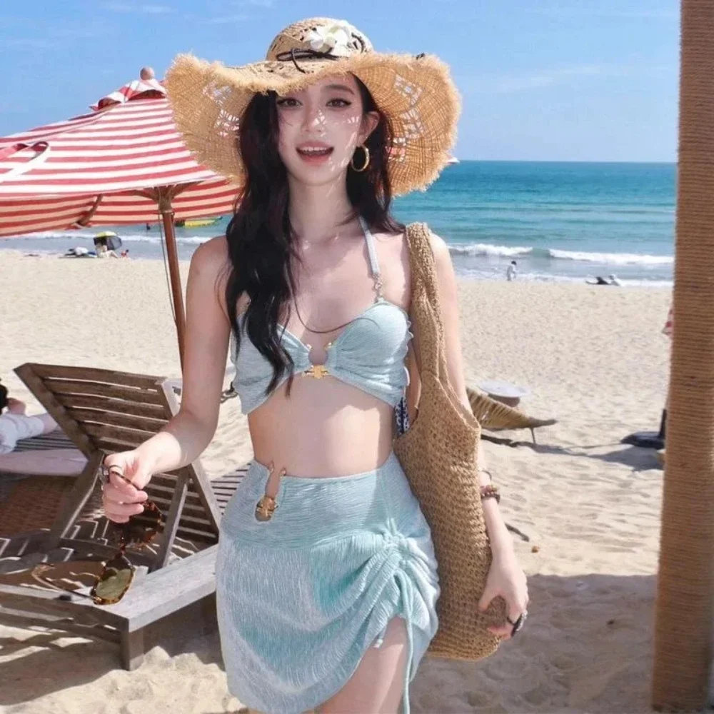 

Мятно-зеленый, высокое качество, сексуальный летний отдых, горячий источник, пляжное бикини, комплект из трех предметов, отдельный дизайн для женщин