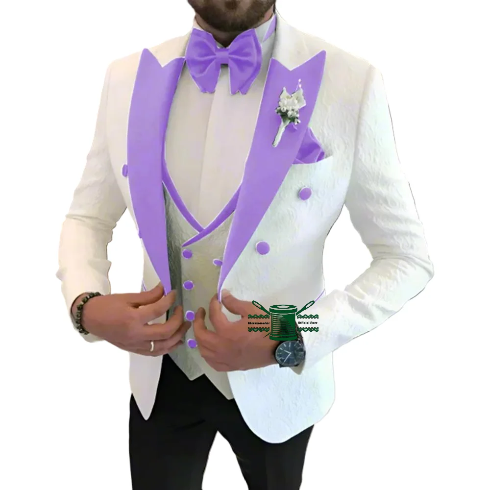 

Floral Wedding Suits for Men Double Breasted Vest Pants 3 Pieces Peak Lapel Groom Tuxedo White Floral Print Suit