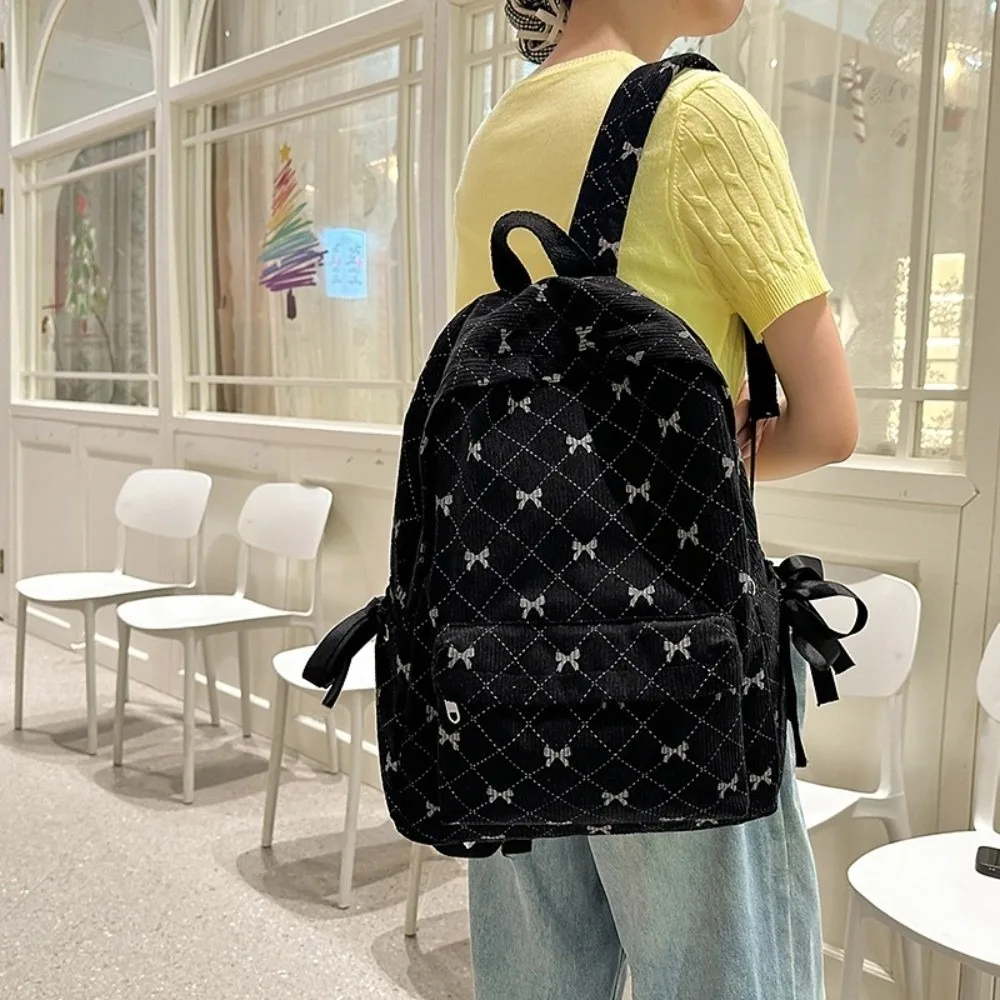 

Вельветовый рюкзак в корейском стиле с принтом банта, вместительный школьный ранец для учащихся средней школы, с регулируемыми лямками, на два плеча