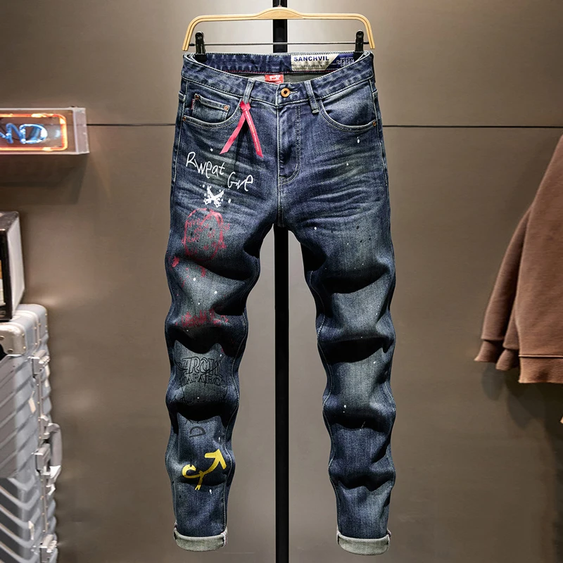 Italian designer fashionable men's jeans letter washed blue elastic slim fit retro jeans high-quality pants Y2K