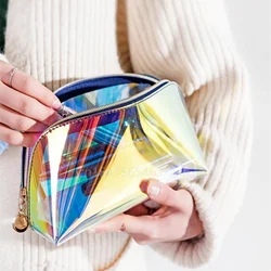 Bolsa de cosméticos transparente impermeable de PVC, neceser de aseo, organizador de maquillaje, estuche de belleza de lavado con cremallera de Color láser para niñas y mujeres