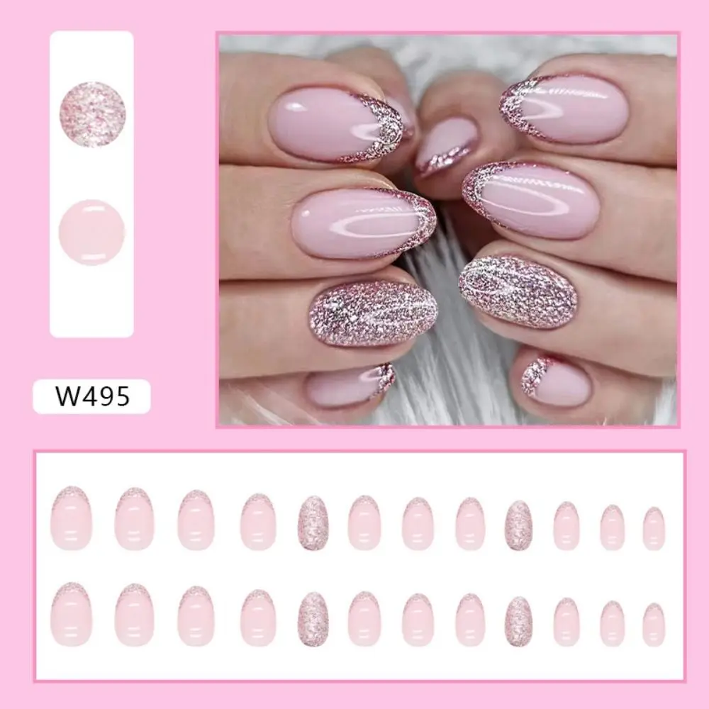 24pcs Manicure DIY Full Cover Shining Long French Oval Fake Nails Pink