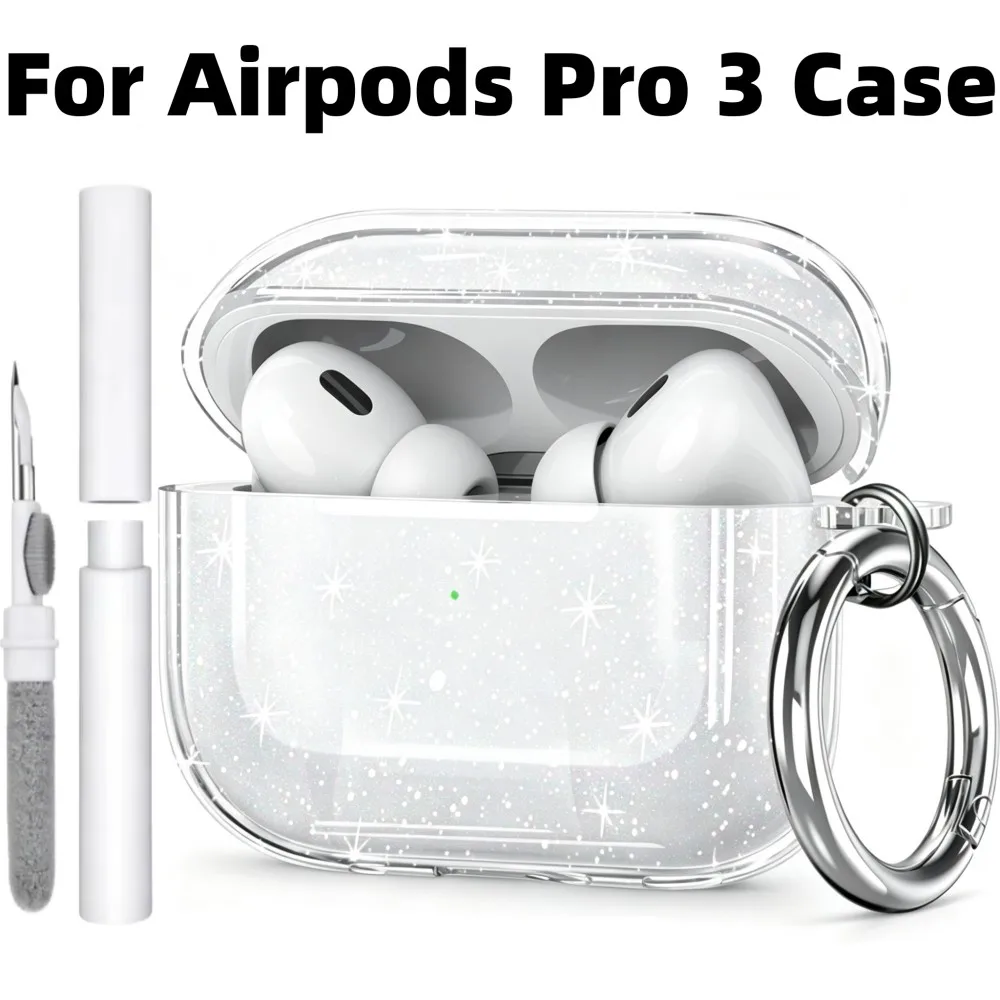 2025 Clear Shine Case for Airpods Pro3 Protective Earphone Case Accessories for Airpods Pro 3 Pro 3rd Generation with Carabiner