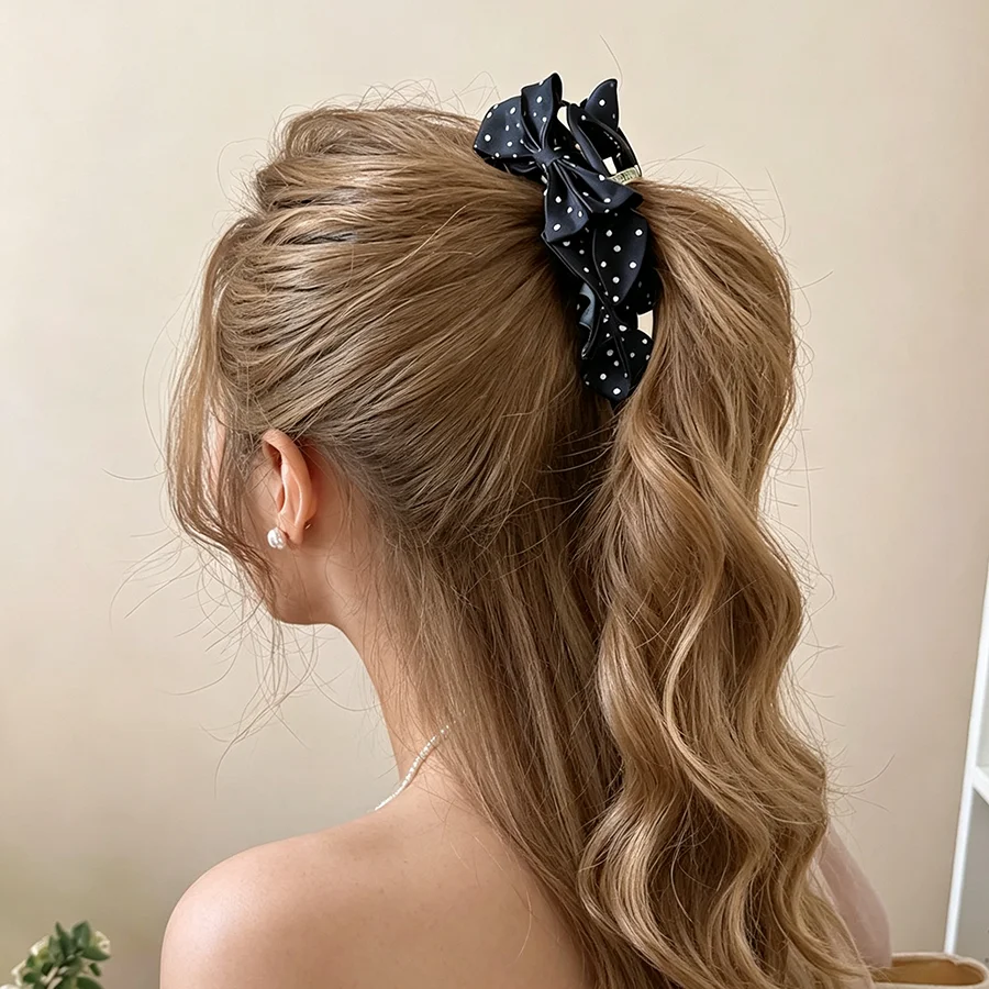 Black White Fabric Polka Dot Bowknot Hair Clips for Women Lady Sweet Acrylic Banana Clip Accessories Daily Dating Picnic Party