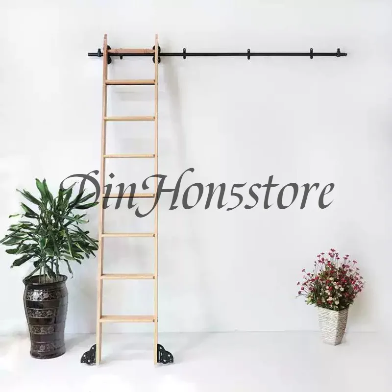 LT30 Bookshelf Mobile Solid Wood Ladder Home Escalator Indoor Attic Library Ladder, Black Carbon Steel Track