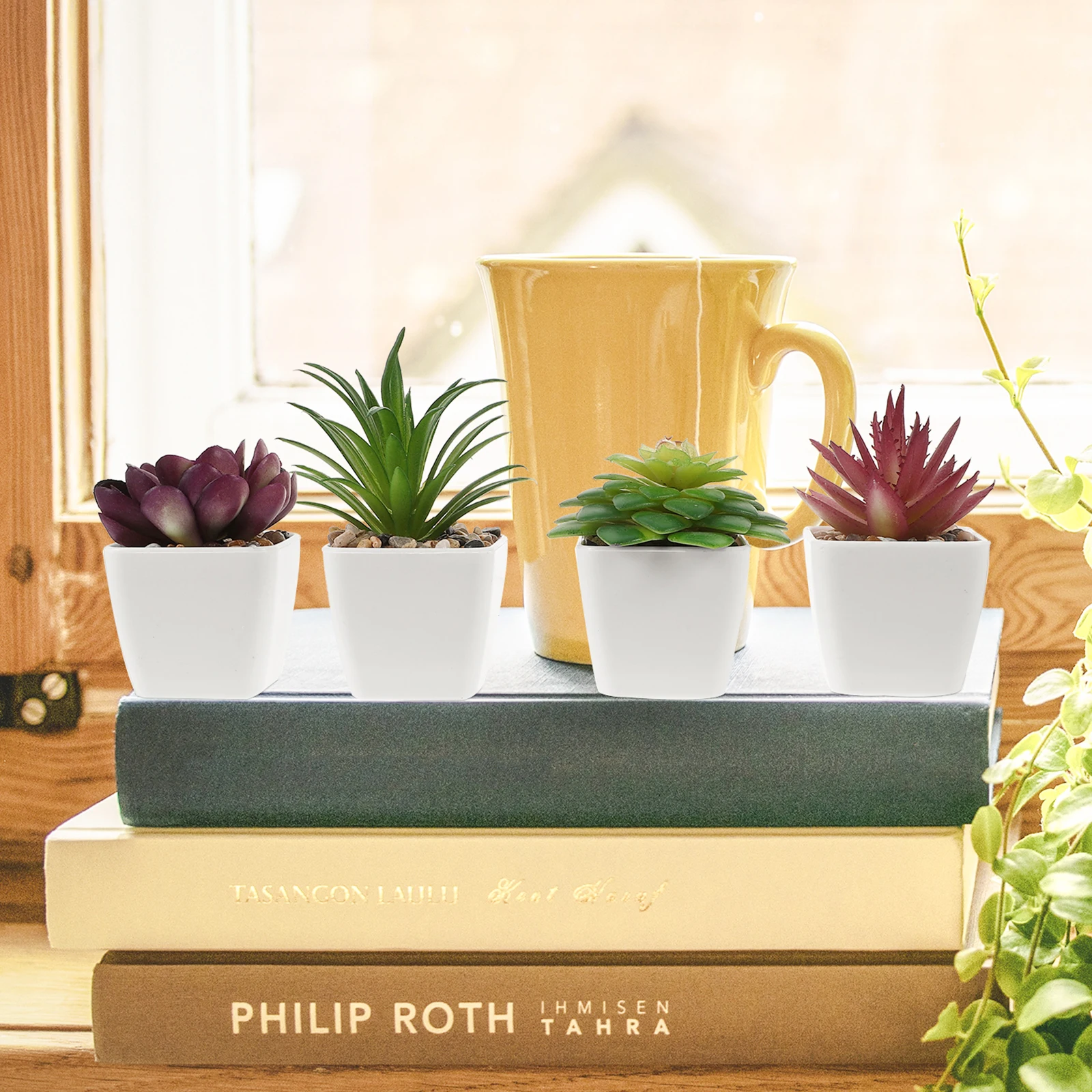 

4Pcs Small Artificial Succulents Realistic Mini Bonsai Decor for Indoor Outdoor Home Patio Landscape Adornment