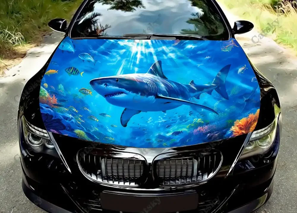 Angry Shark With Open Mouth Car Hood Vinyl Stickers Wrap Vinyl Film Engine Cover Decals Sticker on Car Auto Accessories