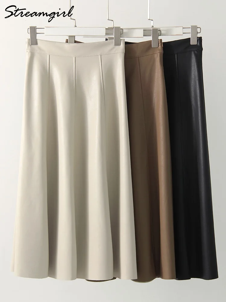 Streamgirl Beige Leather Midi Skirt Women Elegant High Waist A Line PU Skirts Female High Quality Black Skirts For Women 2024