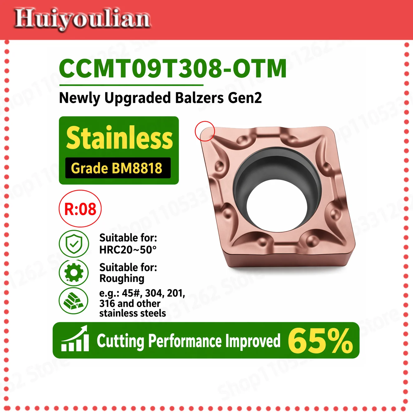 CCMT09T308-OTM Precision CNC Boring Insert for Stainless Steel Rough Machining HRC20-50 Gen2 Coating