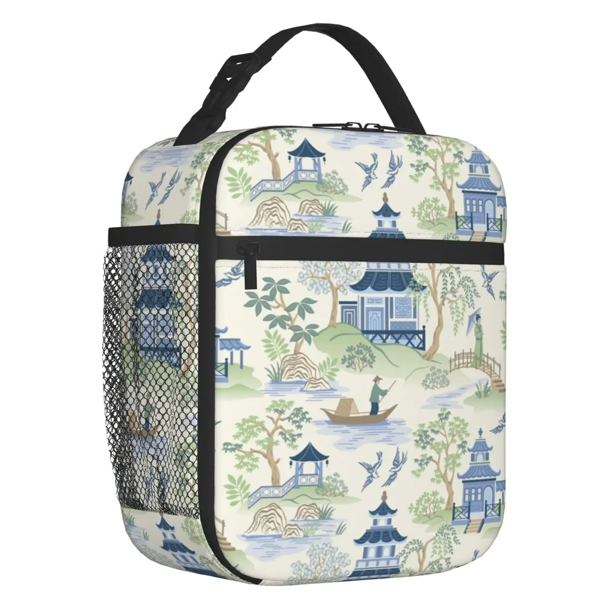 

Vintage Chinoiserie Willow Pagoda Insulated Lunch Bags for School Office Oriental Style Landscape Thermal Cooler Bento Box Women