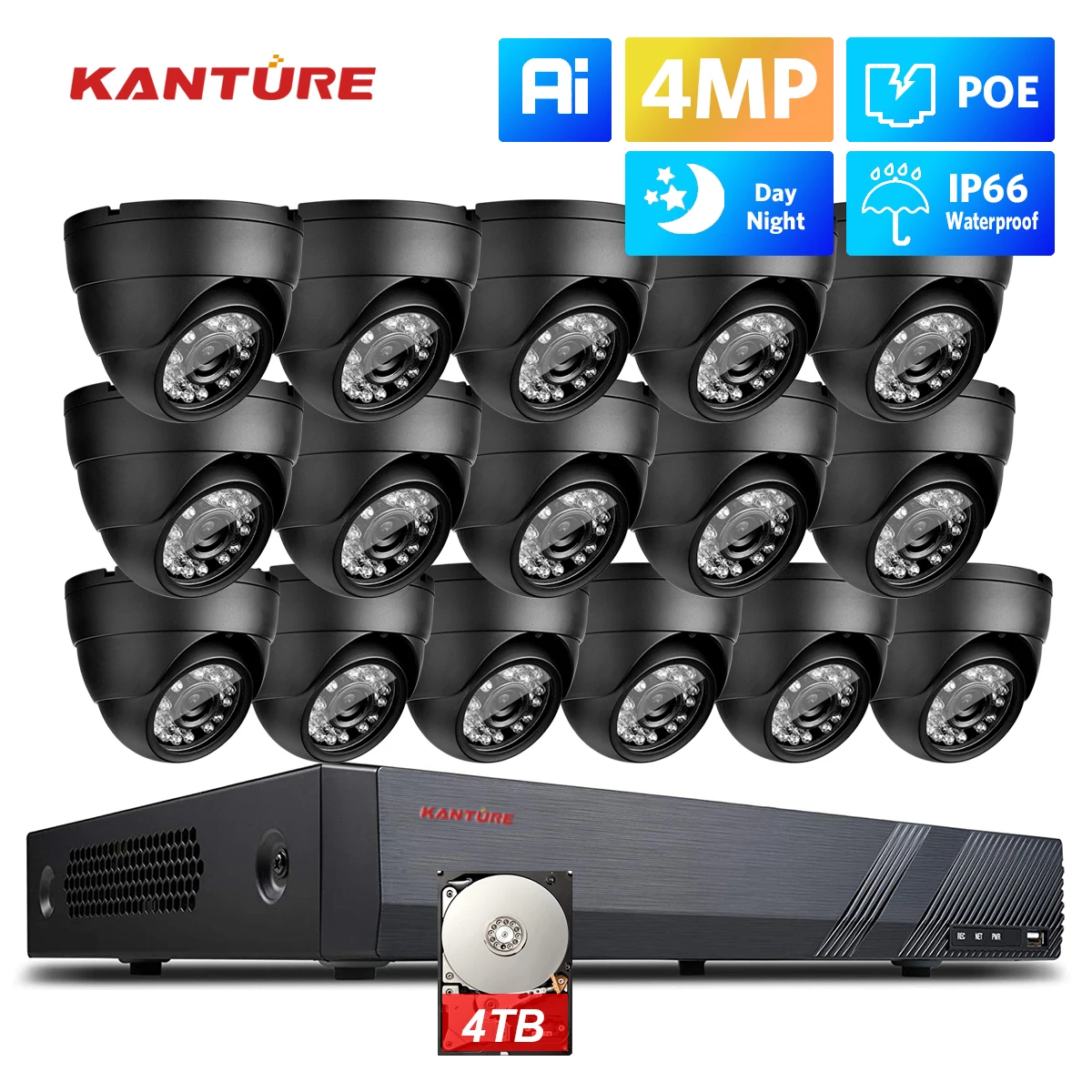 KANTURE-sistema de cámaras CCTV H.265, Kit de videovigilancia con visión nocturna, 16 canales, 2K, 4MP, IA, detección humana, para interior y exterior, POE, Ip