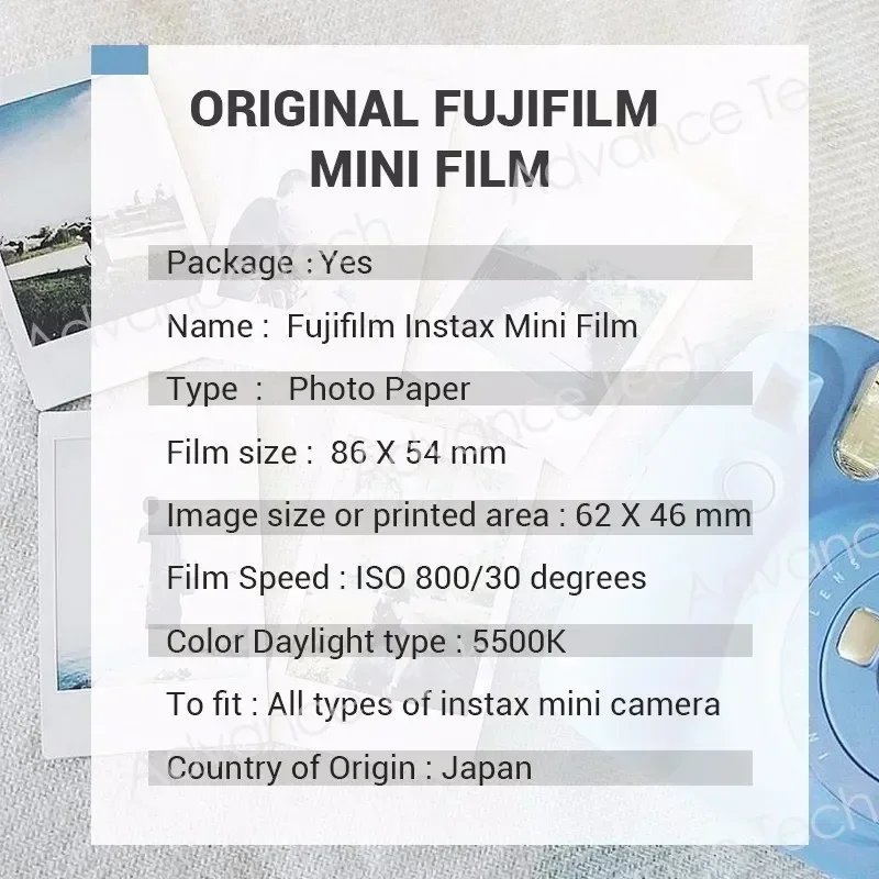 Origin Fujifilm Instax Mini película 10-100 hojas de papel fotográfico para cámaras Fuji Instant Film Instax Mini11 12 8 9 90 Link Liplay EVO