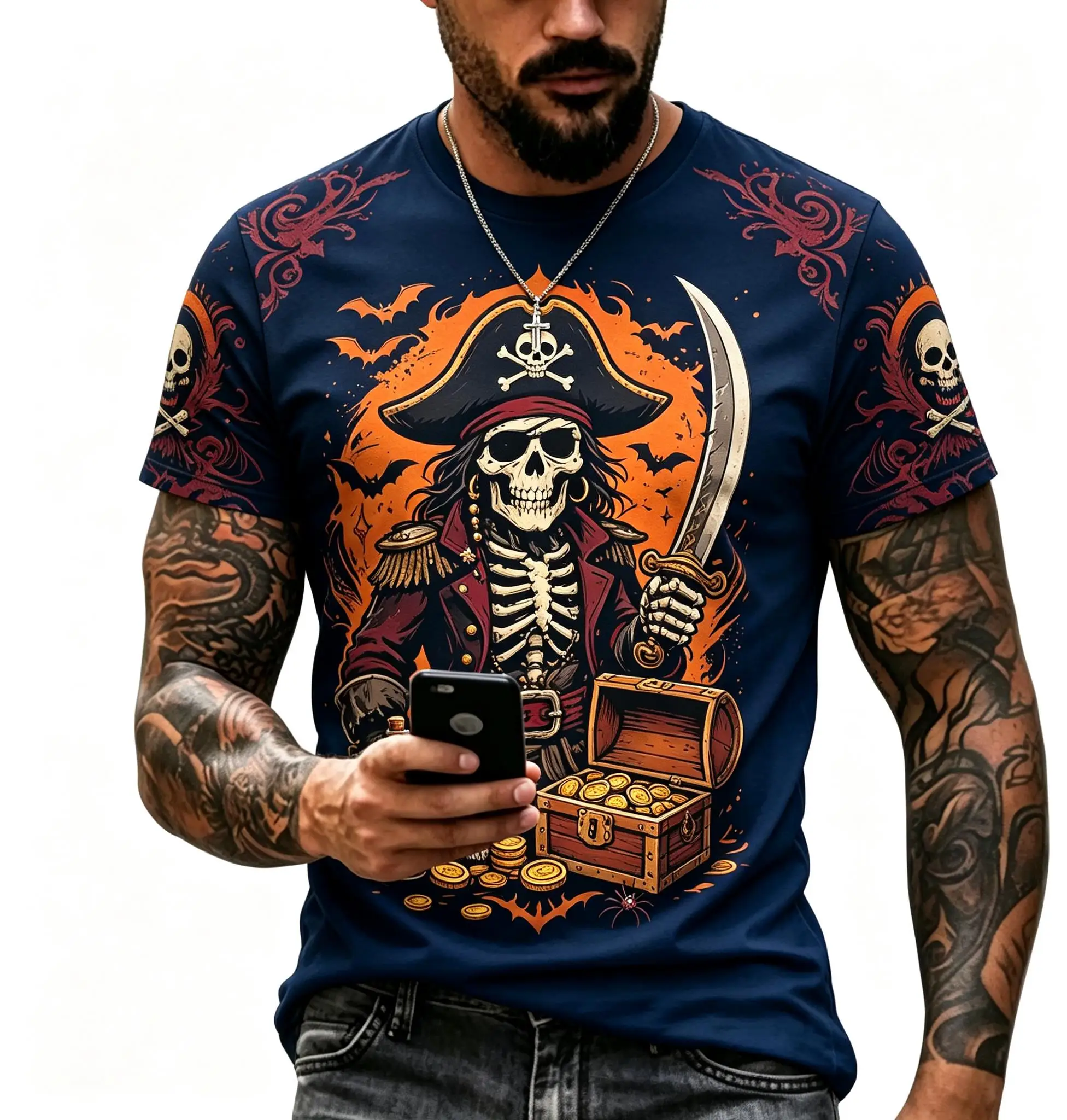 Men Crew Neck Short Sleeve T-shirt, Burgundy Skeleton Pirate Captain Treasure Chest Gold Coin Bat Print Casual Top