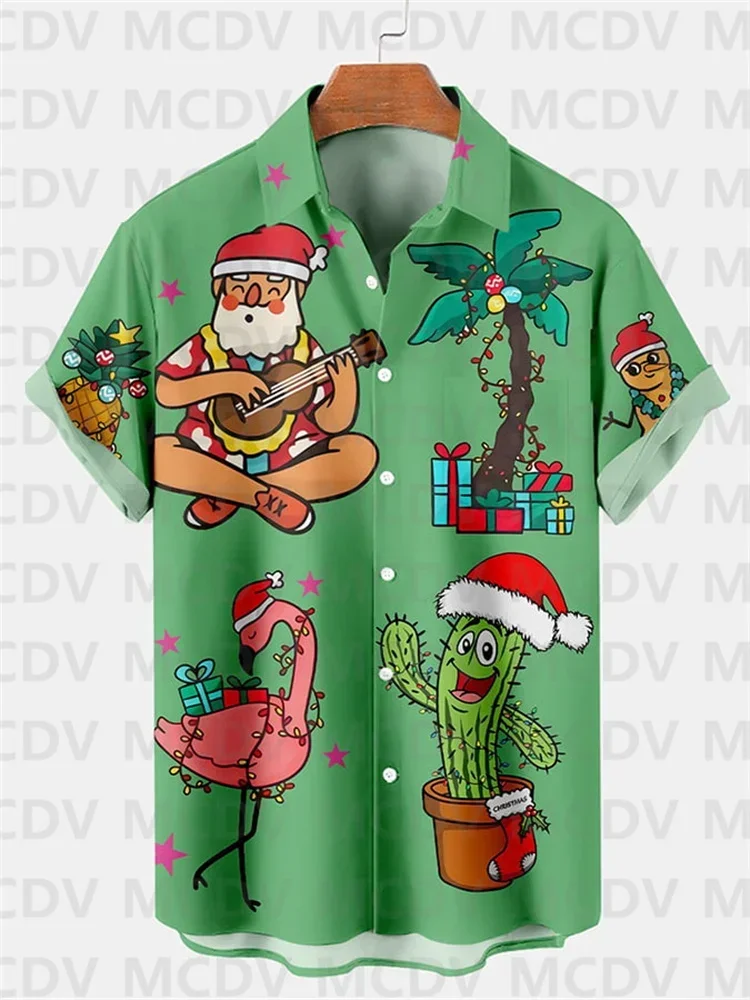 Men's Christmas Fashion Casual Santa Claus Cactus Print Shirt Casual Button Shirt Men's Hawaiian Shirt