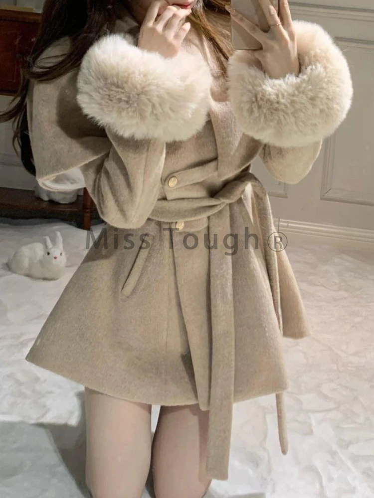 2024 Winter Korean Fashion Woolen Warm Coat Women Chic Shawl Cloak + Retro Loose Trench Coat New Design Sweet Casual Overcoat