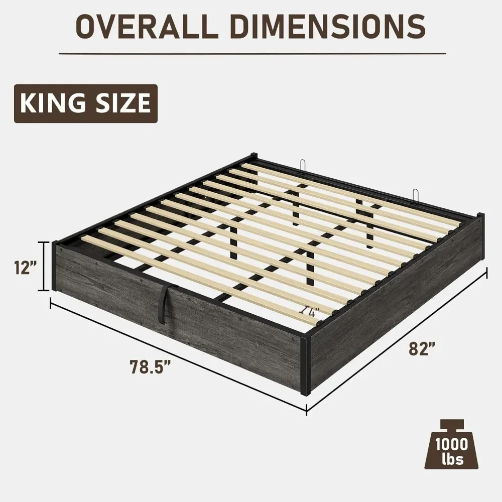 Bed Frame, King, Elevated Storage, Metal Frames with Wooden Slat Supports, No Springs Required, Platform Bed Frame