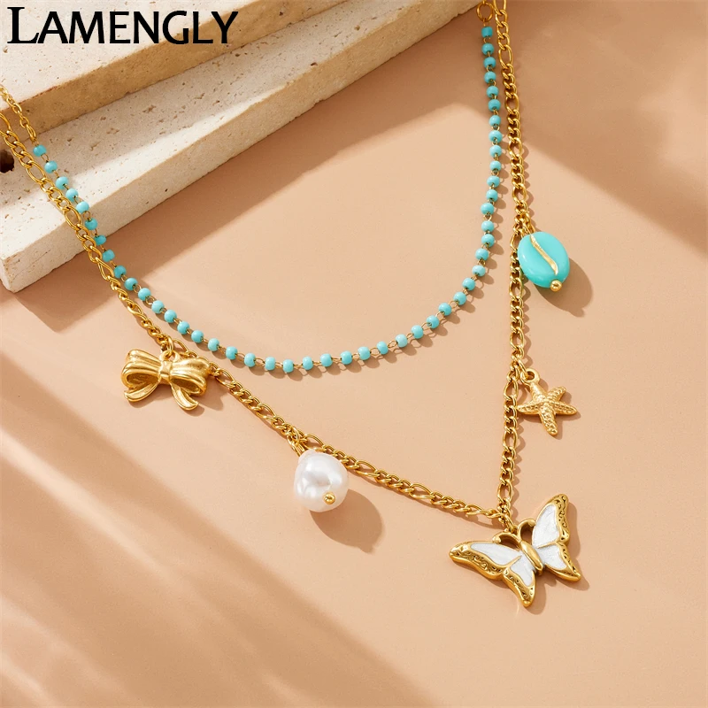 LAMENGLY 316l Stainless Steel Double Chain Personal Blue Bead Butterfly Starfish Bowknot Pendant Necklace Women Trend Party Gift