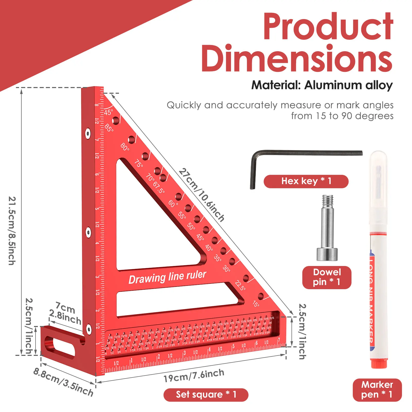 3D Multi-Angle Measuring Ruler Woodworking Aluminum Alloy Square Protractor Multifunction Measuring Ruler for Carpenter Engineer