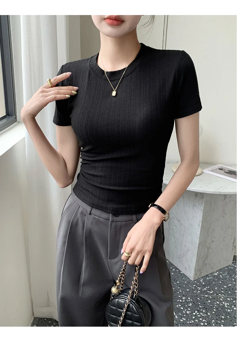 Sommerliches neues Damen-Rundhals-T-Shirt, gestricktes Kurzarm-Oberteil, lässiges Allround-T-Shirt, gestreiftes Basic-Shirt, schmal geschnitten, atmungsaktiv – Detail 25