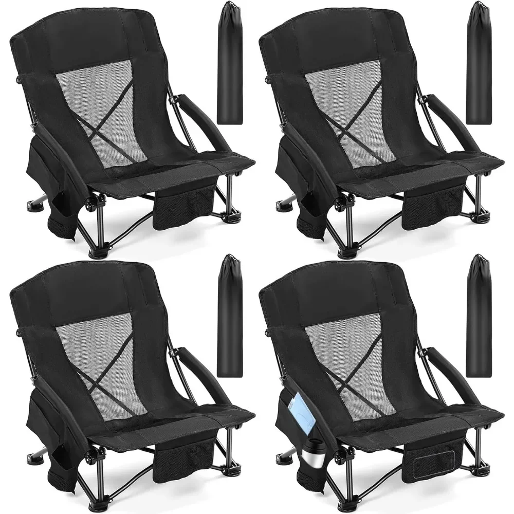 4 Pcs Low Beach Chairs for Adults With Cup Holder Magazine Bag Playa Tourist Folding Chair Support 300lbs Beach Chaise