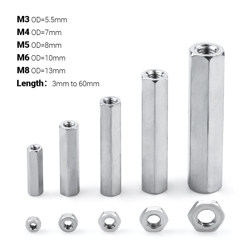 10pcs/Lot M3 M4 M5 M6 M8 Aluminium Threaded Hex Spacers Hexagon Hex Extend Long Coupling Nut Connector