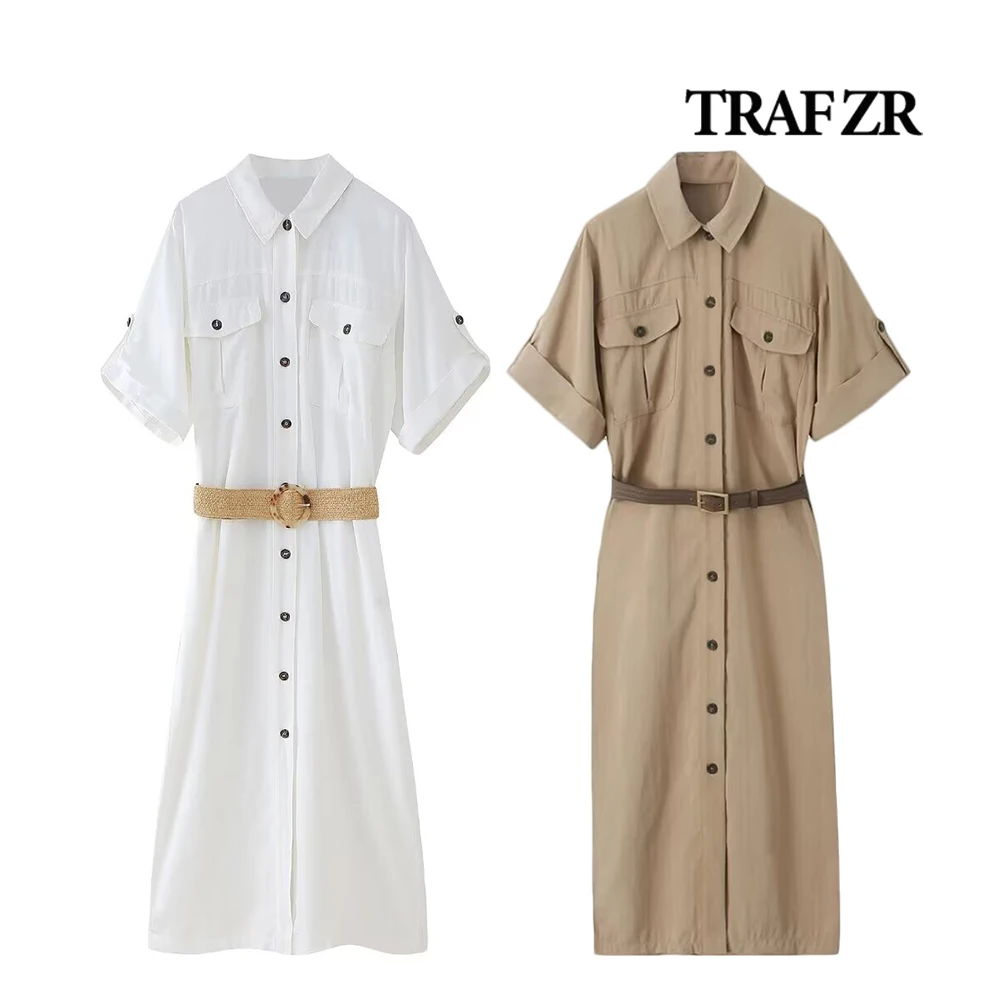 TRAF ZR Long Summer Woman Dress Short Turn-up Sleeves Y2k Femmes Shirtdress Front Patch Pockets Contrast Belt Dress Office Lady