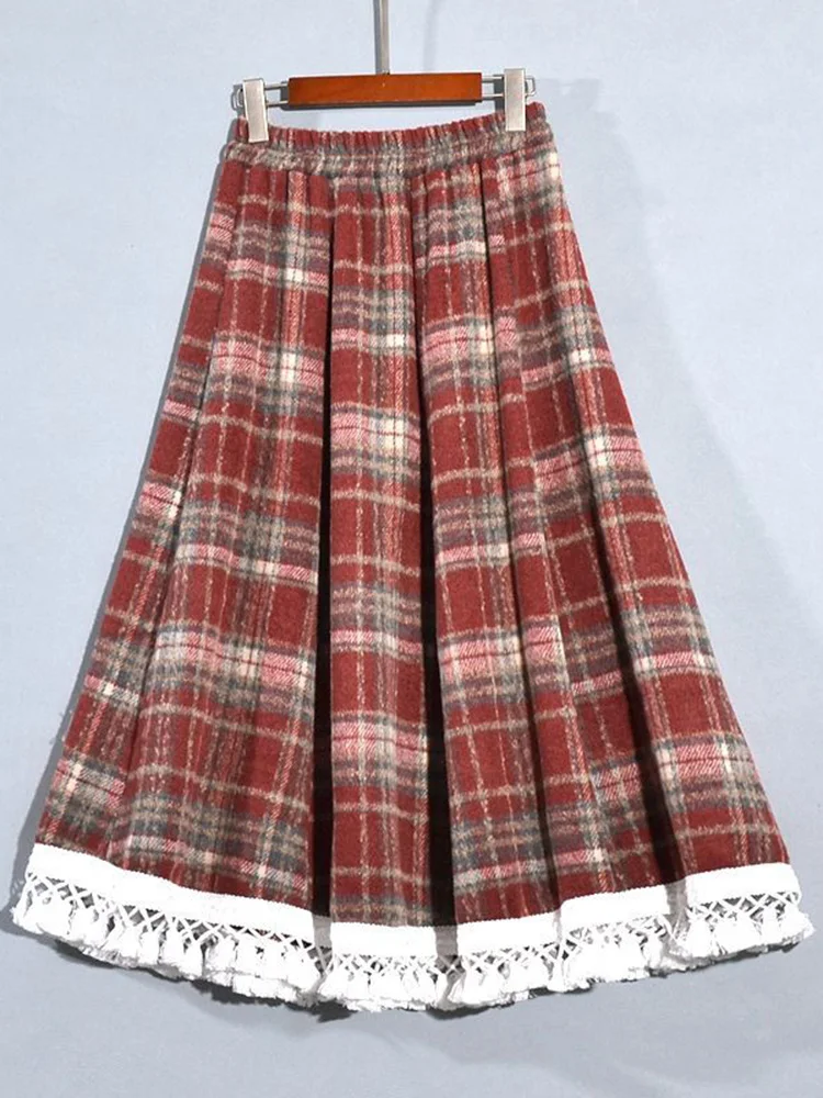 인조 울 레드 체크 롱 스커트 여성 하이웨이스트 빈티지 스위트 스커트 캐주얼 한국 가을 겨울 소프트 프레피 스타일 롱 스커트