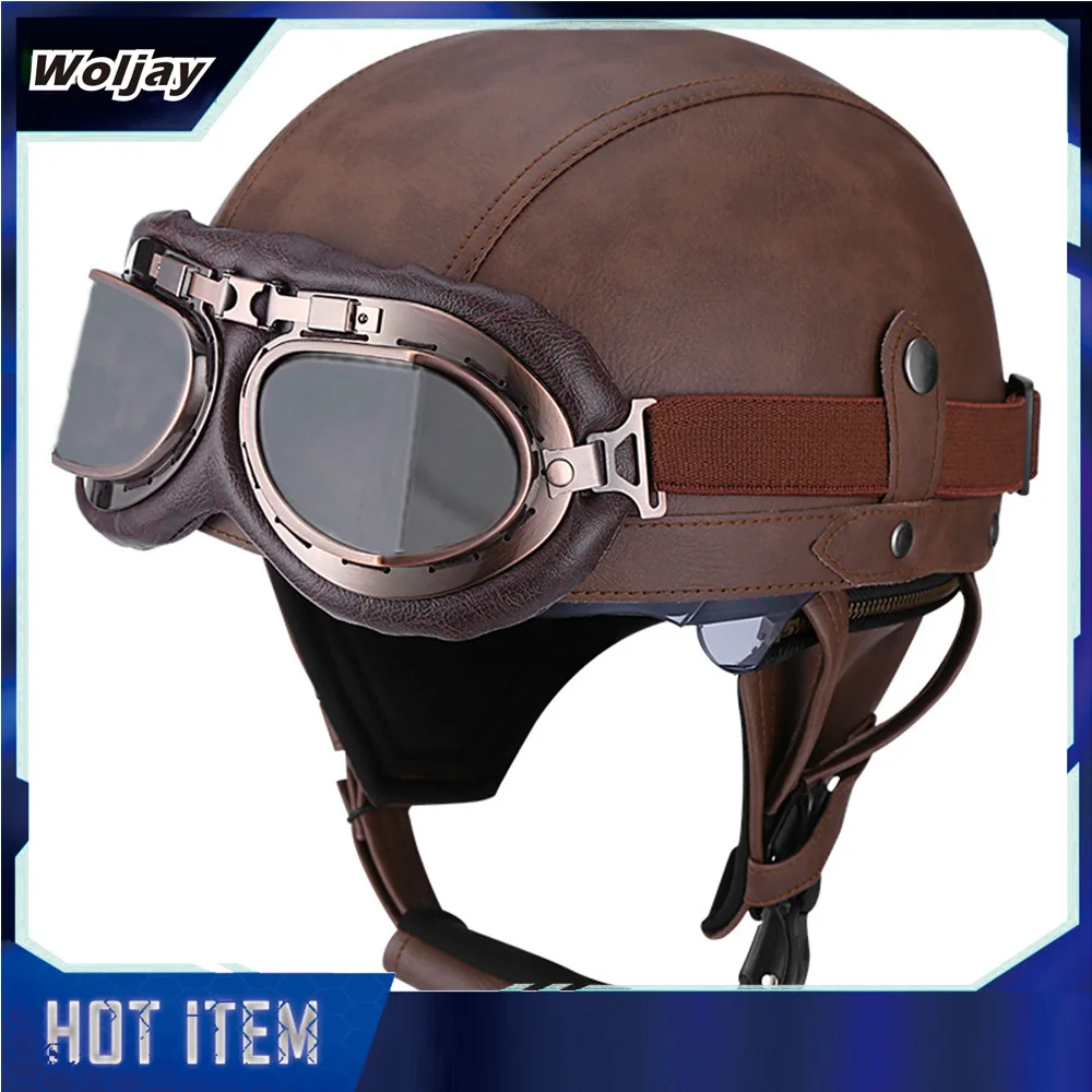 

Vintage Leather Motorcycle Retro Half Helmet Men Women Adult for Scooter Bike Cruiser with Goggles and Drop Down Sun Lens - DOT