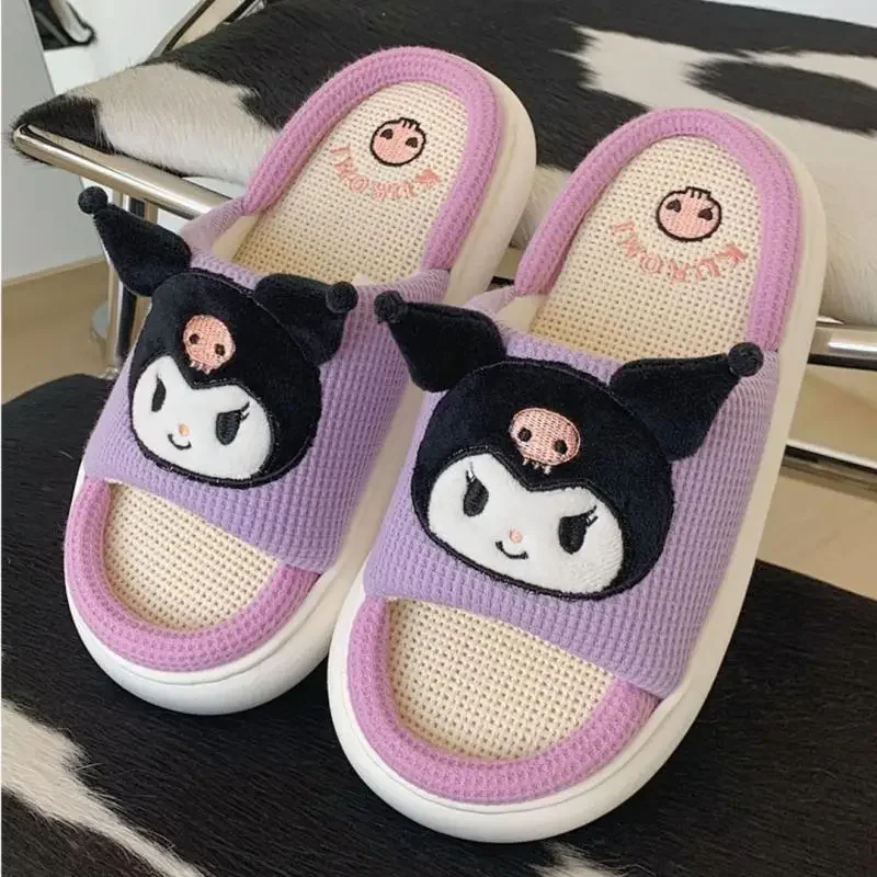 Kawaii Sanrio Hello Kitty Kuromi Keroppi Lniane kapcie Cartoon Home Shoes Non Slip Soft Cute Girl Birthday Gift For Girlfriend