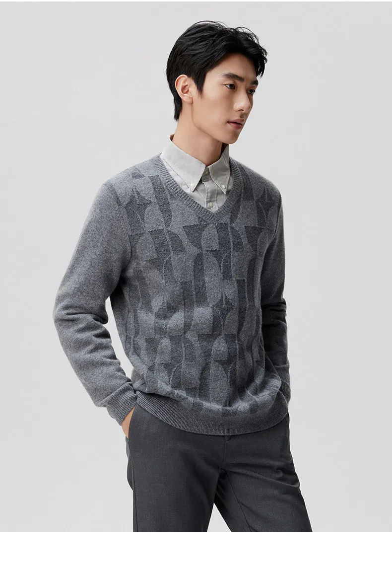 New autumn and winter V-neck contrast geometric pattern dark jacquard men's cashmere sweater thick pullover
