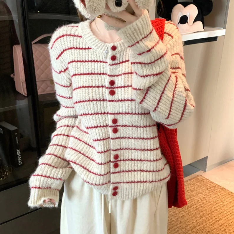 سترة محبوكة مخططة للنساء للخريف والشتاء سترة عتيقة على الطراز الكوري معطف محبوك بأكمام طويلة واحدة الصدر #3