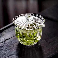 200ml Stripe Glass Gaiwan High Borosilicate Glass Tea Cup Puer Tea Bowl Chawan Soup Tea Tureen Chahai Kung Fu Tea Set Accessorie