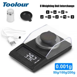 Toolour 0.001g Digital Pocket Scale Mini Jewelry Gold Lab Carat Powder Weigh Scales 50g/100g/200gx0.001g USB Electronic Scales