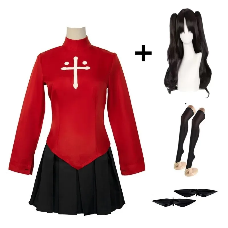 أنيمي لعبة مصير البقاء ليلة Tohsaka رين تأثيري حلي شعر مستعار للنساء قميص أحمر تنورة جوارب كليب x;2,f;5.n;