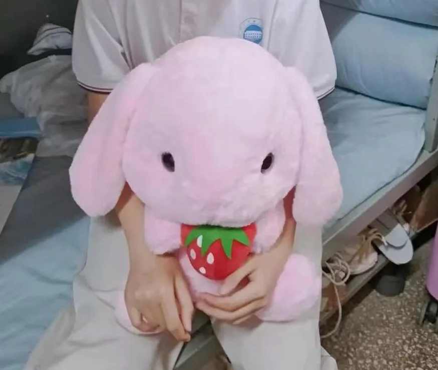 

45cm Kawai Long Ears Rabbit eating strawberry Plush toy Lifelike Animal Appease doll soft sofa car room decor ornament kids gift