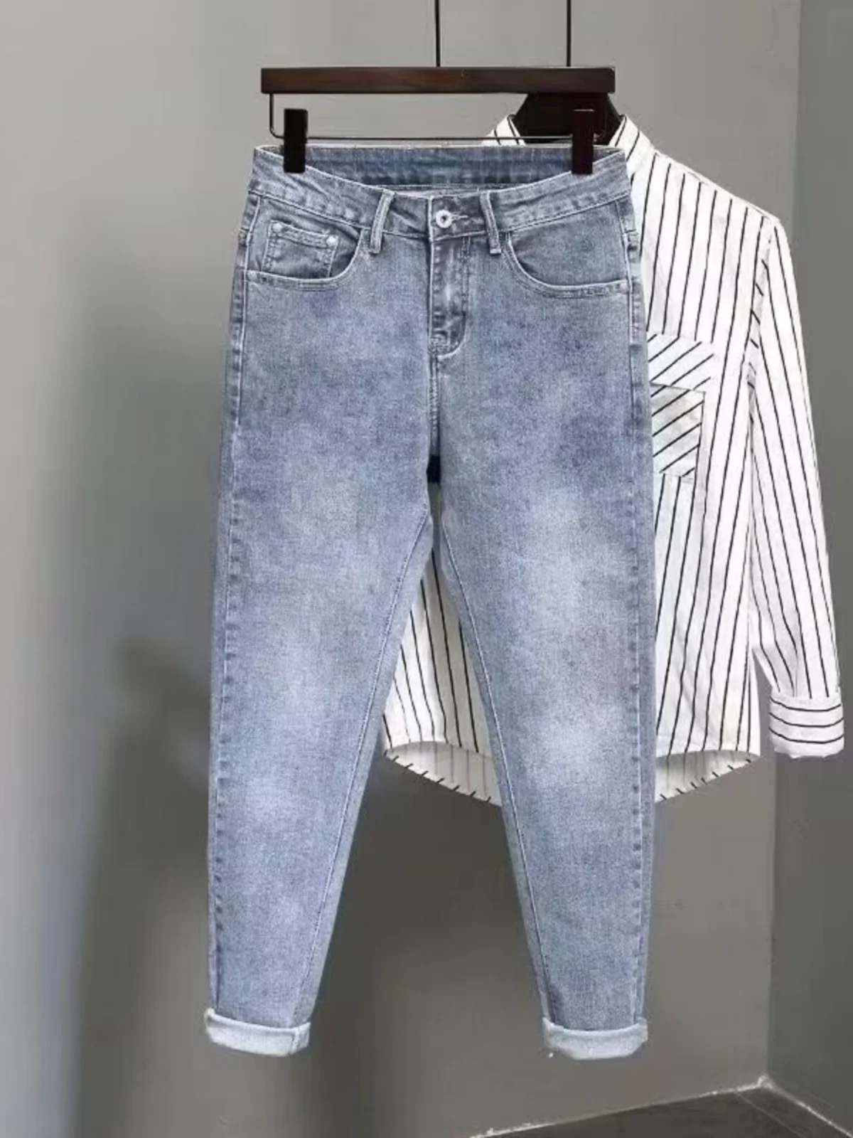 

Мужские повседневные тонкие эластичные джинсы на весну-лето, со средней посадкой, длинные брюки, молодежные модные джинсы прямого кроя из денима