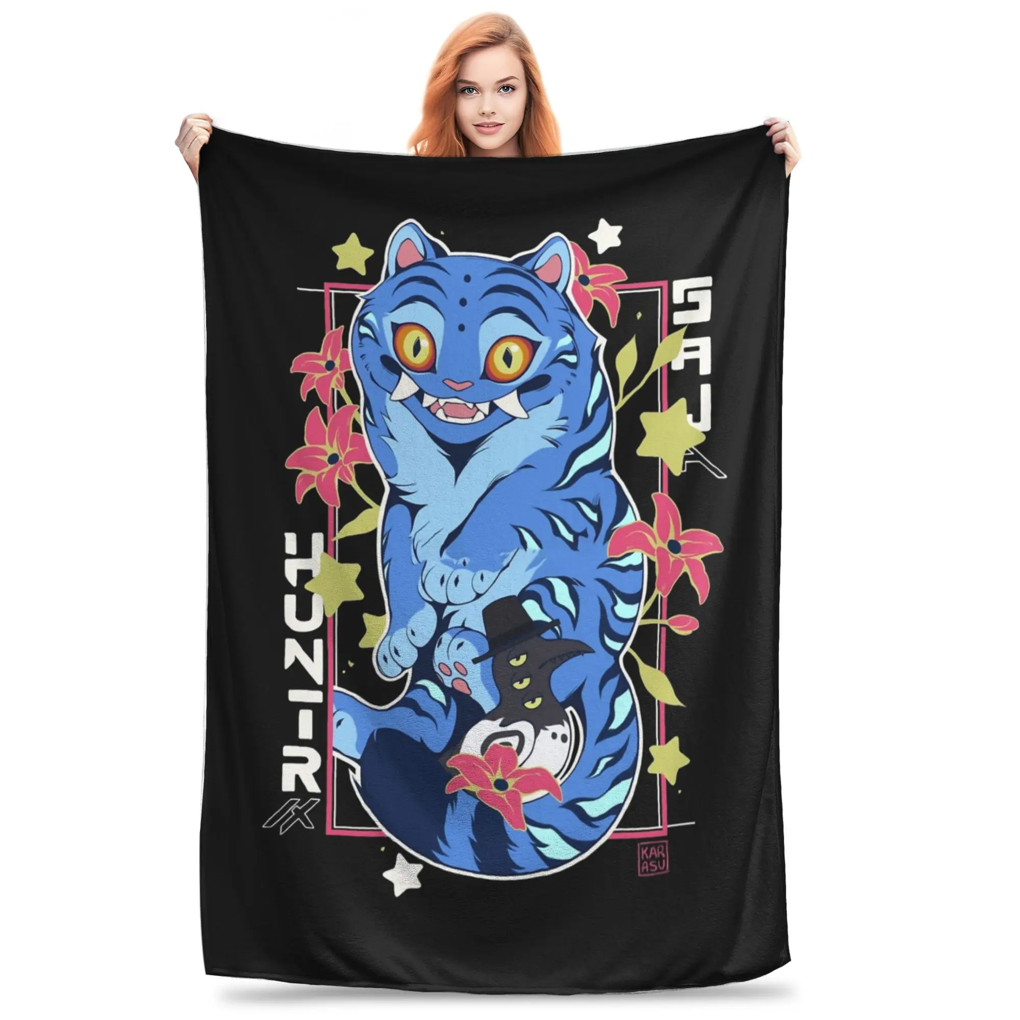 

KPop Demon Hunters Blue Tiger Knitted Blanket Flannel Throw Blankets Summer Air Conditioning Personalised Soft Warm Bedspread