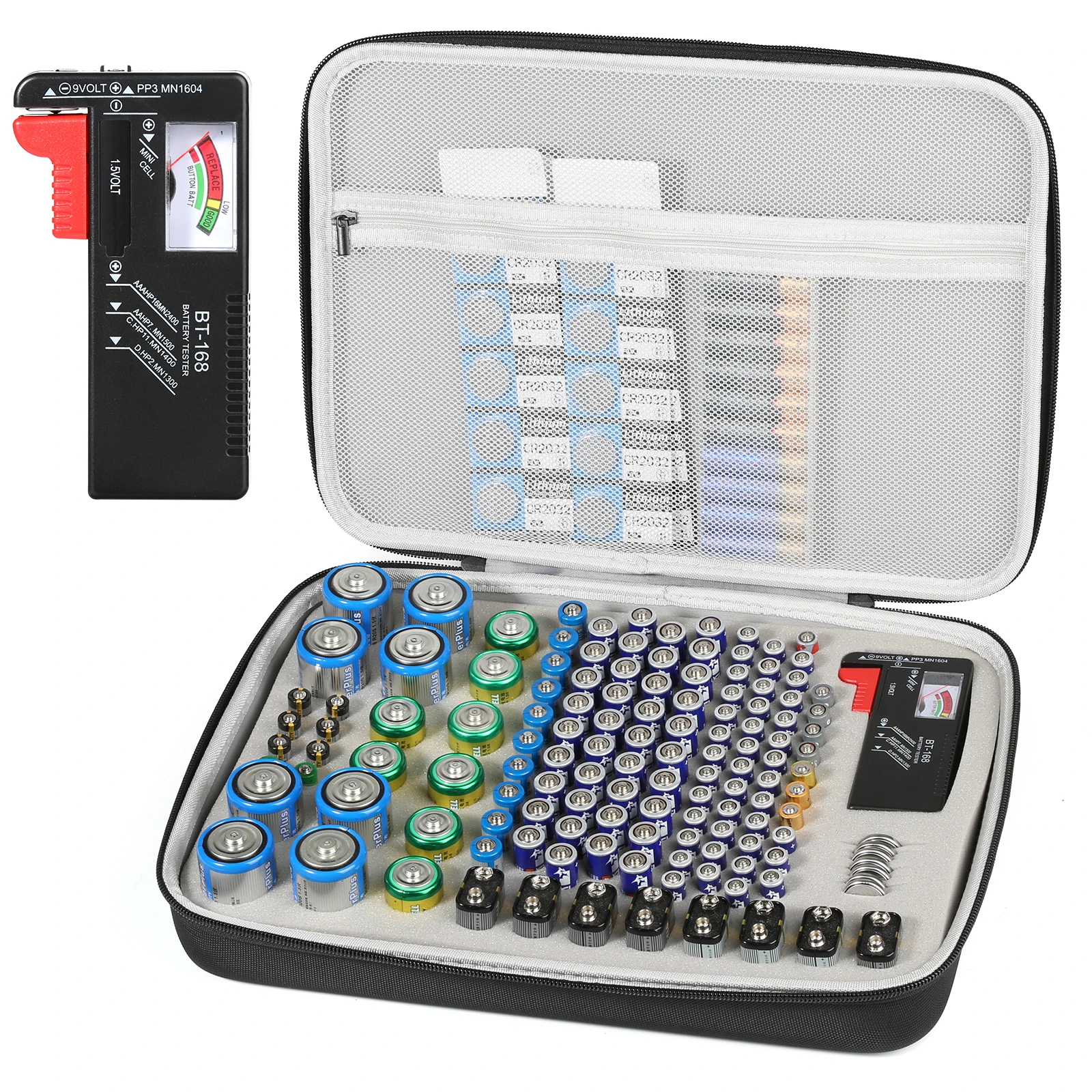 Estojo Organizador de Baterias com Testador, Bolsa para 140+ Baterias AA AAA AAAA 9V C D Lítio 3V LR44 1.5V CR1632